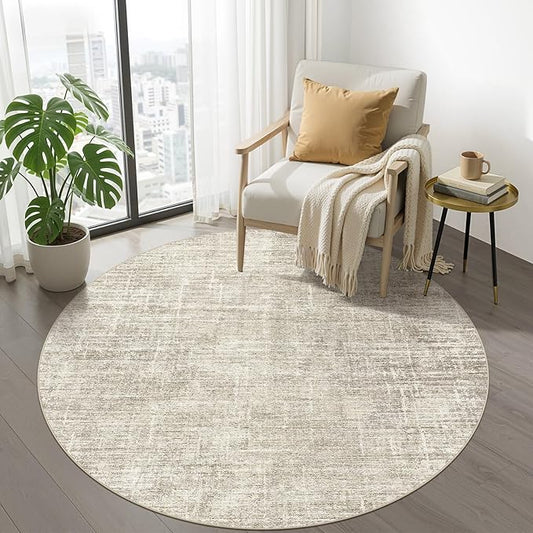 5ft Round Rug Living Room: 5x5 Washable Large Neutral Brown Circle Area Rug Abstract Soft Modern Stain Resistant Indoor Floor Non-Slip Carpet for Bedroom Nursery Kids Office Playroom Dining Room