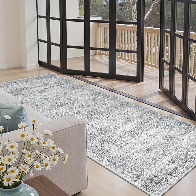 Soalmost Runner Rug 3x6 Washable Non-Slip Kitchen Runner Rugs for Bathroom Laundry Room Grey Vintage Floor Carpet Runners for Hallway Entryway