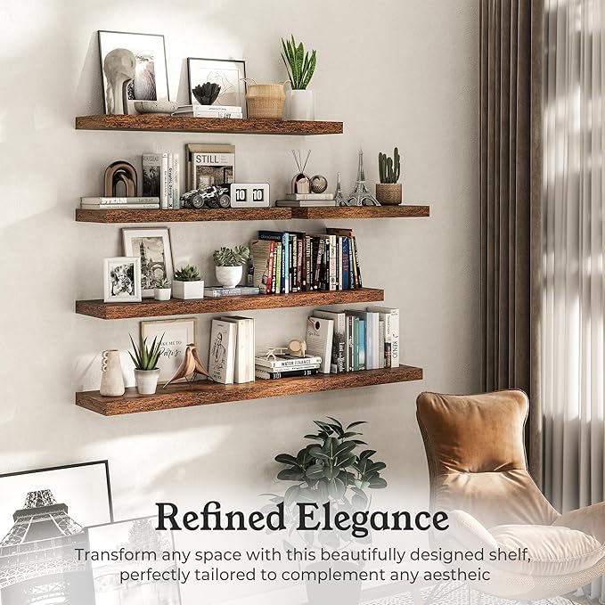 Floating Shelves for Wall, 9.3" Deep Wall Mounted Wood Shelves for Bathroom, Bedroom, Living Room, Kitchen, Hanging Shelf for Books/Storage/Room Decor (Brown, 55")