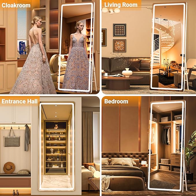 Full Length Mirror with Lights, 56" x 15.8" LED Lighted Floor Standing Body Mirror, Dimmable & 3 Color Lighting for Cloakroom, Dressing Room, Tempered Glass, Rounded Corner Black
