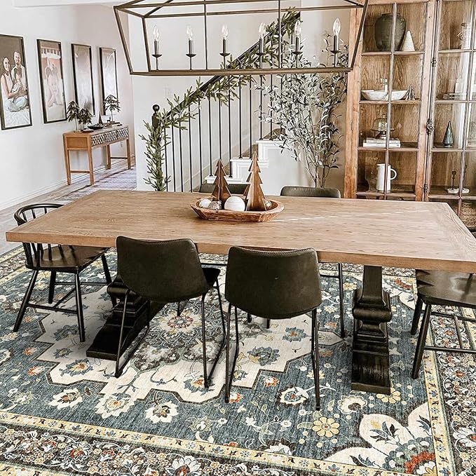 TOPRUUG Washable Oriental Area Rug - 8x10 Rugs for Living Room Soft Carpet for Bedroom Waterproof Floral Distressed Indoor Stain Resistant Non-Shedding Floor Carpets (Blue, 8x10)