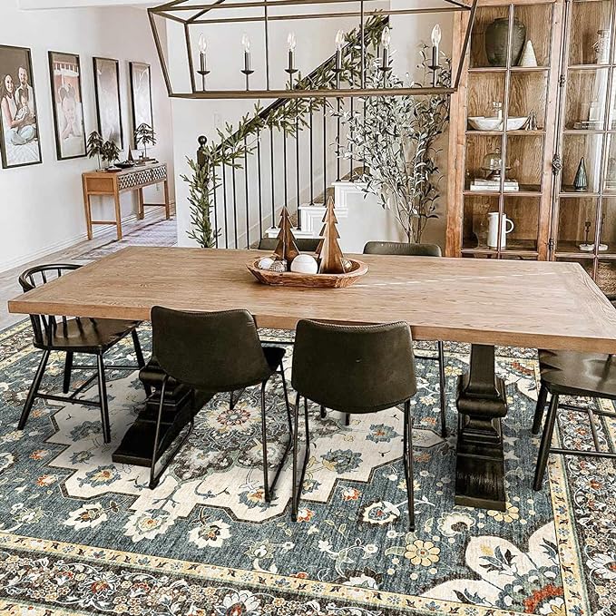 TOPRUUG Washable Oriental Area Rug - 9x12 Rugs for Living Room Soft Carpet for Bedroom Waterproof Floral Distressed Indoor Stain Resistant Non-Shedding Floor Carpets (Blue, 9x12)
