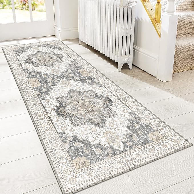 GENIMO 2'6"x8 Runner Rugs for Hallway, Machine Washable Non Slip Vintage Rugs, Low Pile Lightweight Soft Print Rug for enrtyway, Corridor, Home Office, Kitchen, Heathered Grey