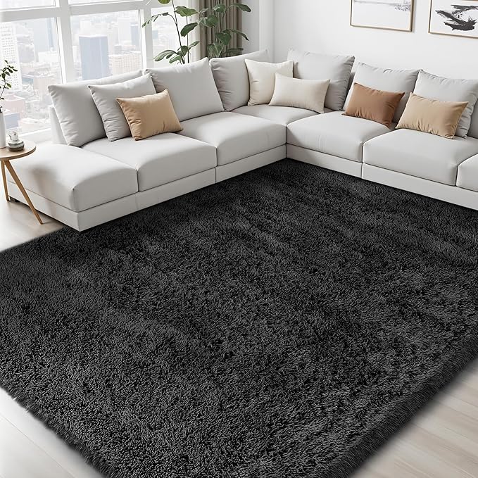 Area Rug for Living Room Bedroom: 9x12 Black Soft Fluffy Shag Upgrade Non-Slip High Pile Carpet Large Fuzzy Plush Indoor Floor Decor Shaggy Rug for Kid Boys Girls Dorms Playroom Nursery Modern Home