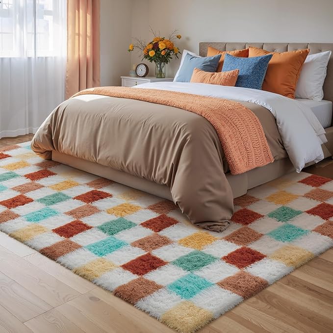PureCozy Checkered Rug 6x9 for Living Room, Colorful Modern Shag Rug Washable Non-Slip Large Area Rug Super Soft Indoor Fuzzy Carpet Fluffy Rugs for Bedroom Home Aesthetic Decor