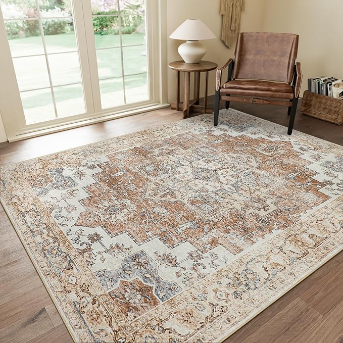 GENIMO 8x10 Area Rugs for Living Room, Machine Washable Non Slip Rugs, Low Pile Lightweight Vintage Print Rug for Bedroom, Dining Room, Home Office, Warm Orange