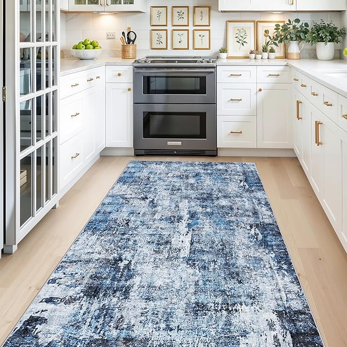 4x8 Washable Area Rug – Non-Slip Rubber Backed Indoor Rug for Entryway, Kitchen, Hallway | Modern Abstract Neutral Low Pile Thin Floor Mat for Bedroom, Living Room, Office（Blue）