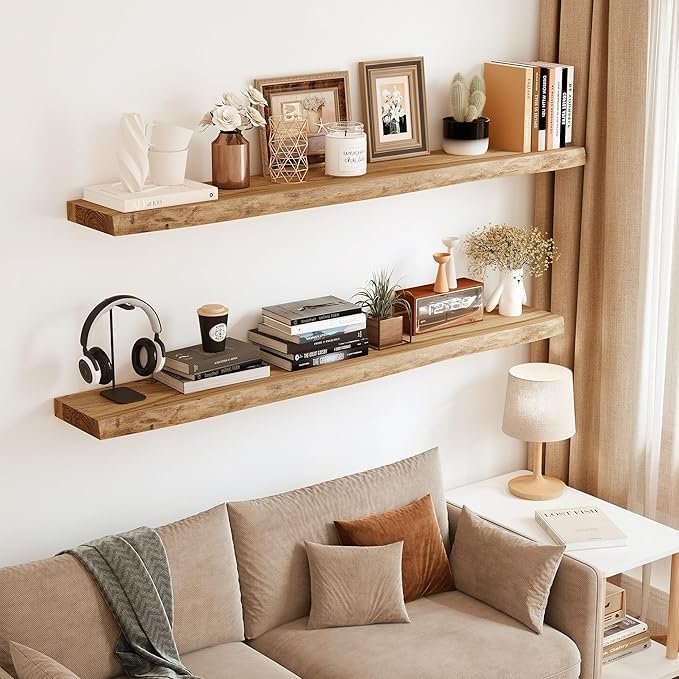 Vivelove Live Edge Floating Shelves for Wall Solid Elm Wood, Rustic Farmhouse Wall Shelf with Invisible Bracket for Living Room Bedroom Bathroom Office Book, 40 Inches - Set of 2 - Natural