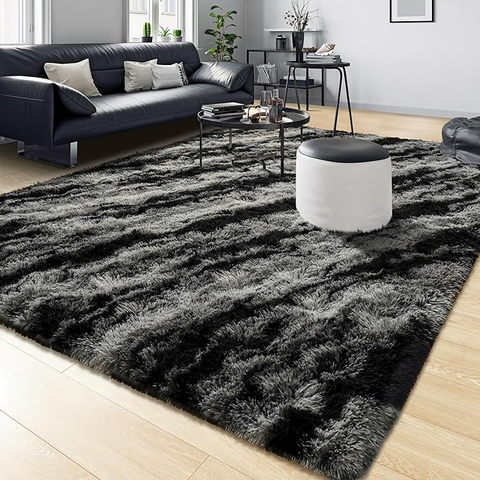 Tepook Fluffy Large Rugs for Living Room, 8x10 Area Rugs for Bedroom, Modern Shag Fuzzy Carpets for Kids Boys Girls, Plush Indoor Nursery Home Decor Rug with Non-Slip Bottom, Black Grey