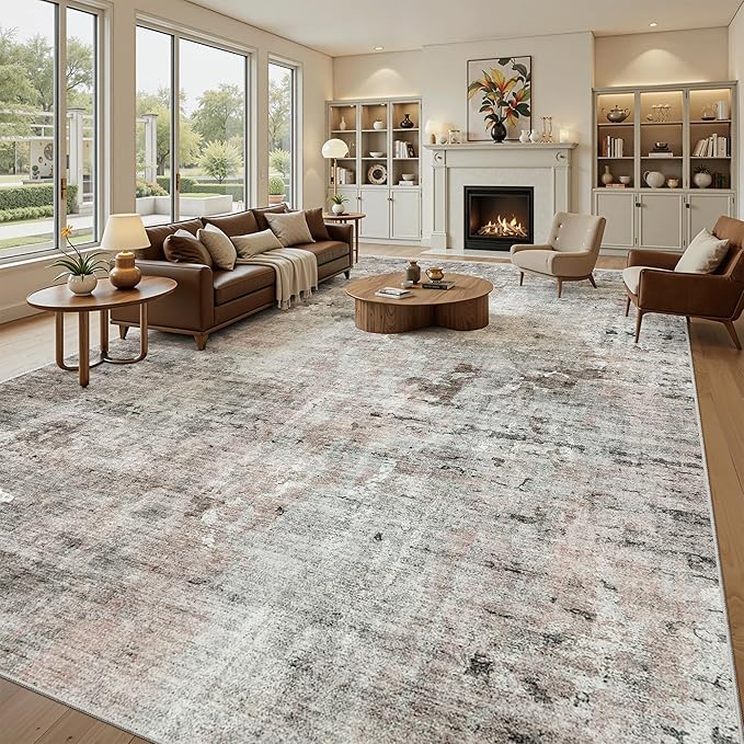 Soalmost 10x14 Area Rugs for Living Room, Non Slip Machine Washable Vintage Rugs, Low Pile Lightweight Large Rug for Bedroom, Dining Room, Home Office Pink/Grey