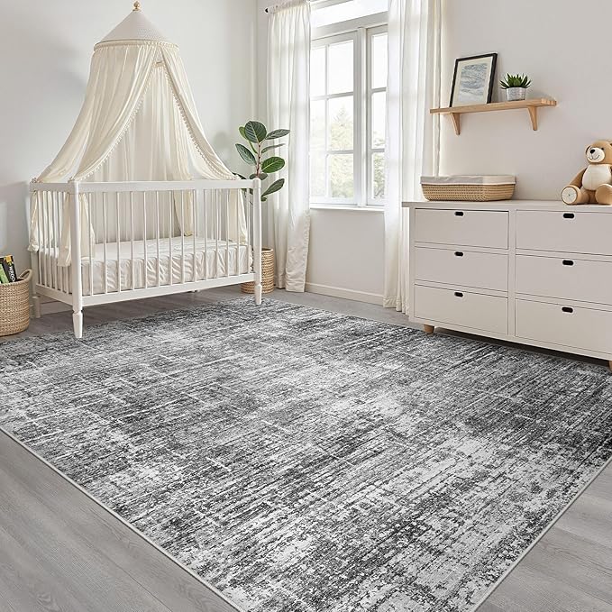10x14 Area Rug Living Room: Washable Large Neutral Black Rug Abstract Soft Modern Stain Resistant Indoor Floor Non-Slip Carpet for Bedroom Nursery Kids Office Playroom Dining Room Under Table Home
