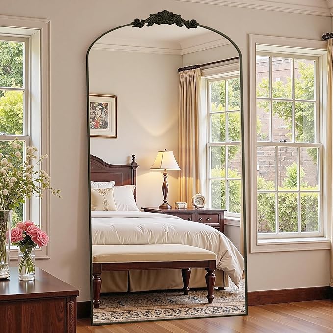 Antok Arched Full Length Mirror, 90"x46" Floor Mirror with Carved, Full Body Mirrors for HomeDecor, Standing/Halling Large Wall Mirror for Bedroom, Living Room, Cloakroom, Bronze, Retro Style