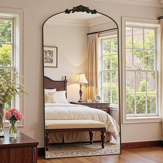 Antok Arched Full Length Mirror, 90"x46" Floor Mirror with Carved, Full Body Mirrors for HomeDecor, Standing/Halling Large Wall Mirror for Bedroom, Living Room, Cloakroom, Bronze, Retro Style