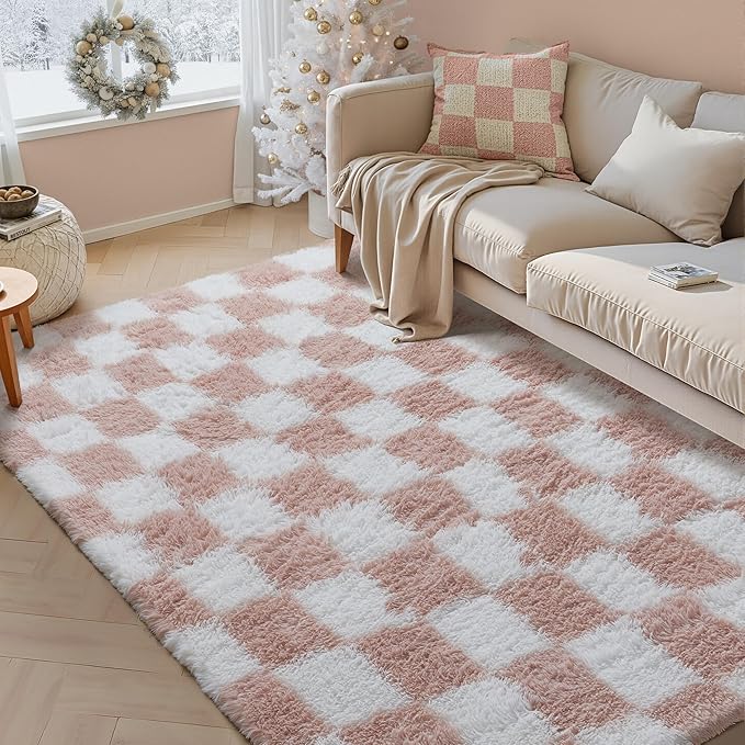 PureCozy Checkered Rug 5x8 for Living Room, Pink and White Modern Shag Rugs Super Soft Washable Indoor Office Fuzzy Carpet Non-Slip Fluffy Rugs for Bedroom Home Aesthetic Decor