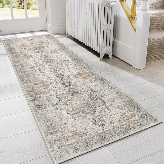 GENIMO Runner Rug 3x8, Non Slip Vintage Hallway Runner Rugs, Low Pile Lightweight Machine Washable Mat for Hallway, Entryway, Bedroom, Kitchen and Corridor, Light Taupe Brown