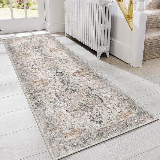 GENIMO Runner Rug 2'6"x6 Machine Washable Non Slip Vintage Hallway Runner Rug, Low Pile Lightweight Rugs for Indoor Entryway, Hallway, Kitchen and Corridor, Light Taupe Brown