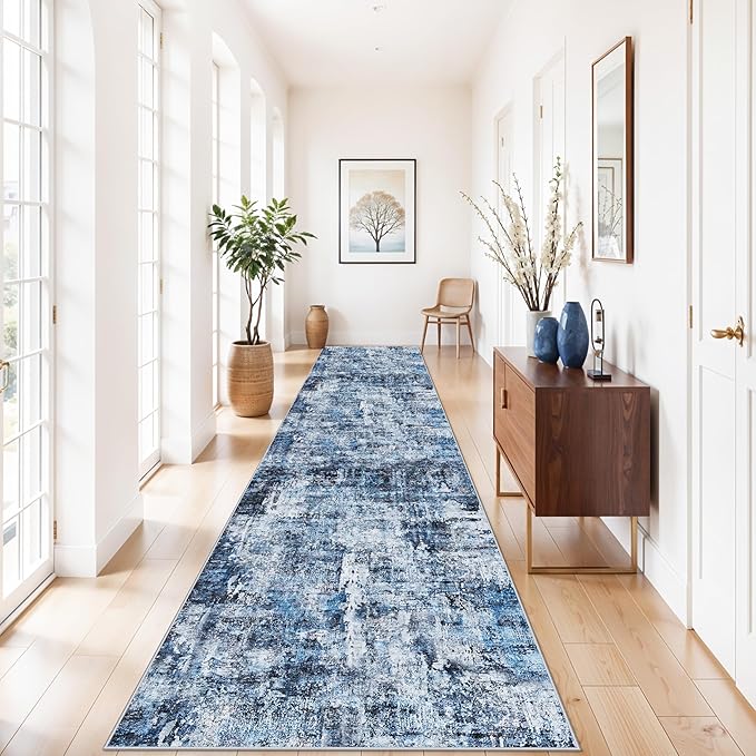 3x15 Ft Long Hallway Runner Rug - Non-Slip Washable Kitchen Runner Rug with Rubber Backing | Modern Abstract Wide Floor Carpet Runner for Indoor Entryway, Bedroom, Living Room（Blue）