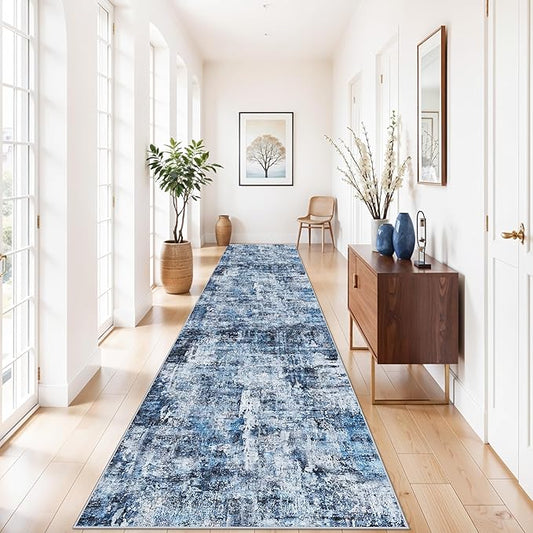 3x12 ft Long Hallway Runner Rug - Non-Slip Washable Kitchen Rug with Rubber Backing,Modern Abstract Neutral Thin Low Pile Floor Carpet Runner for Entryway,Bedroom,Living Room（Blue）