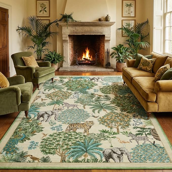 GarveeHome Jungle 8x10 Area Rug Washable Rugs for Living Room, Forest Rug Non Slip Low Pile Soft Indoor Stain Resistance Animal Print Carpet for Bedroom Dining Room Playroom Nursery, Beige