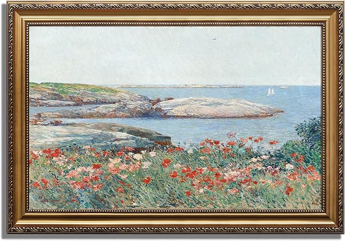 KBKBART Vintage Framed Wall Art for Living Room, Vintage French Coastal SeaScape Canvas Art Prints Farmhouse Decor, Country Wildflower Landscape Painting, Gold Framed Spring Flower Wall Art for Bathroom Bedroom Gallery, 16"x 24"