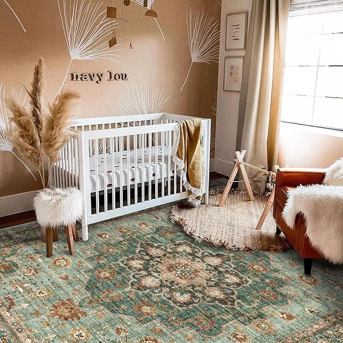 TOPRUUG Washable Oriental Area Rug - 5x8 Rugs for Living Room Soft Carpet for Bedroom Waterproof Floral Distressed Indoor Stain Resistant Non-Shedding Floor Carpets (Green, 5x8)