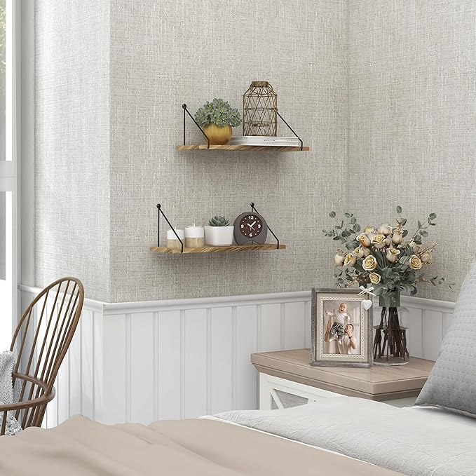 Sapowerntus Floating Shelves Wall Mounted Shelf Rustic Light Wood Bathroom Bedroom Kitchen Hanging Storage Organizer with Triangle Metal Brackets Farmhouse Living Room Office Home Decor Set of 2