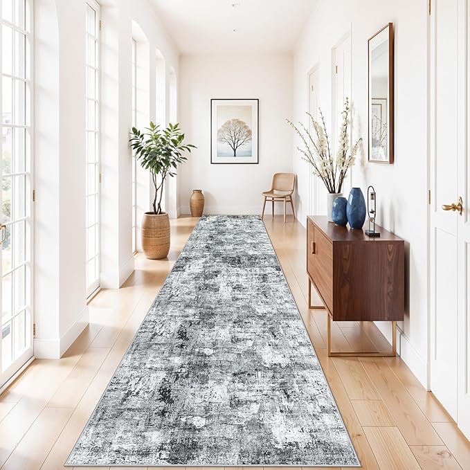 3x15 Ft Long Hallway Runner Rug - Non-Slip Washable Kitchen Runner Rug with Rubber Backing | Modern Abstract Wide Floor Carpet Runner for Indoor Entryway, Bedroom, Living Room（Grey）