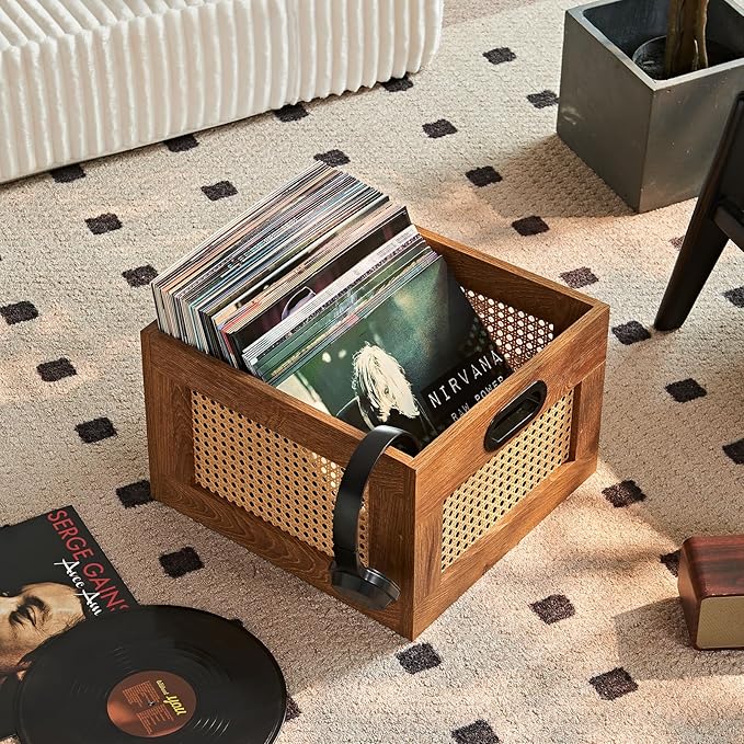 LELELINKY 2 Pack Vinyl Record Storage Crates, Rattan Vinyl Record Holder with Handle, TeaC Record Crate for Vinyls Holder up to 75 LP's, Desktop Cube Album Storage for Vinyls Records