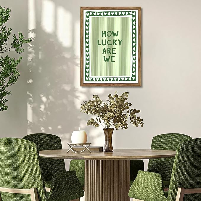 How Lucky Are We Wall Art, Vintage Green Inspirational Canvas Wall Decor Painting, Trendy Preppy Stripe Quotes Posters Prints Pictures for Bedroom Dorm Apartment Decor 16x24 Inch Framed