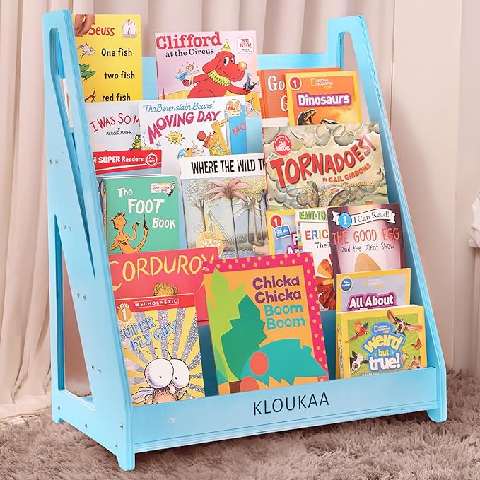 Kids Book Shelf Organizer, Wooden Children’s Bookcase with Front-Facing Storage for Toddlers & Kids (Blue)