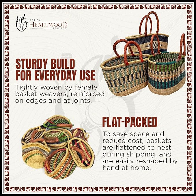 Africa Heartwood Project - Deluxe Large Oval Colorful African Basket with Leather Handle - Classic Heartwood Bolga Market Basket from Women in Bolgatanga, Ghana - 18" Oval Flat-packed
