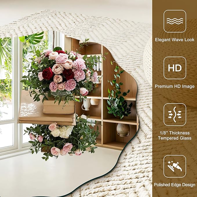 CILIBER Frameless Wavy Round Mirror, 28'' Scalloped Circle Wall Mirror, 3mm Tempered Glass Decorative Bathroom Vanity Mirror, Mounting/Leaning for Mantel, Living Room, Bedroom and Entryway