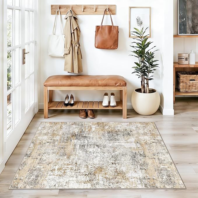 3x4 Modern Entryway Area Rug - Machine Washable Non-Skid Low Pile Indoor Mat for Bathroom,Living Room, Bedroom - Abstract Neutral Small Throw Soft Carpet with Rubber Backing (Gold Grey)