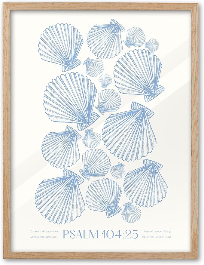 EcoHest Christian Bible Verse Framed Wall Art, 12x16 in OAK Wood Trendy Seashell Nautical Scripture Quote Canvas Wall Art, Psalm 104:25 Home Decor, Beige Logs Set of 1 for Bedroom Living Room
