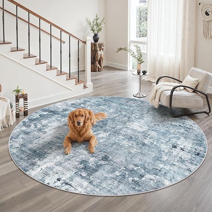 Soalmost 8x8 Blue/Grey Round Rug 8ft Living Room Circle Rug Vintage Round Area Rug Non Slip Indoor Carpet for Apartment