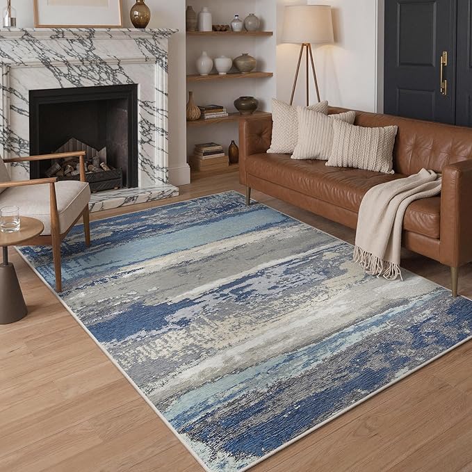 GENIMO 5X7 Washable Modern Area Rugs for Living Room, Non-Slip Low Pile Chenille Print Rug, Soft Rugs for Bedroom Dining Room Home Office, Indigo Drift