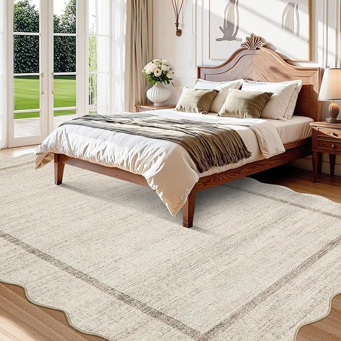GarveeHome Scalloped Washable Rug 10x13 Area Rug for Bedroom Farmhouse Living Room Rug Non Slip Large Area Rug Low Pile Throw Rugs Stain Resistant Carpet for Dining Room Beige 10 ft x13 ft