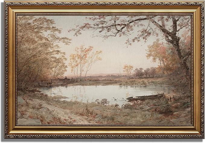 KBKBART Vintage Framed Wall Art for Living Room, French Country Decor Retro Rivers Muted Autumn Pond Landscape Oil Painting, Neutral Farmhouse Decor, Gold Framed Canvas Print, 16"x 24"