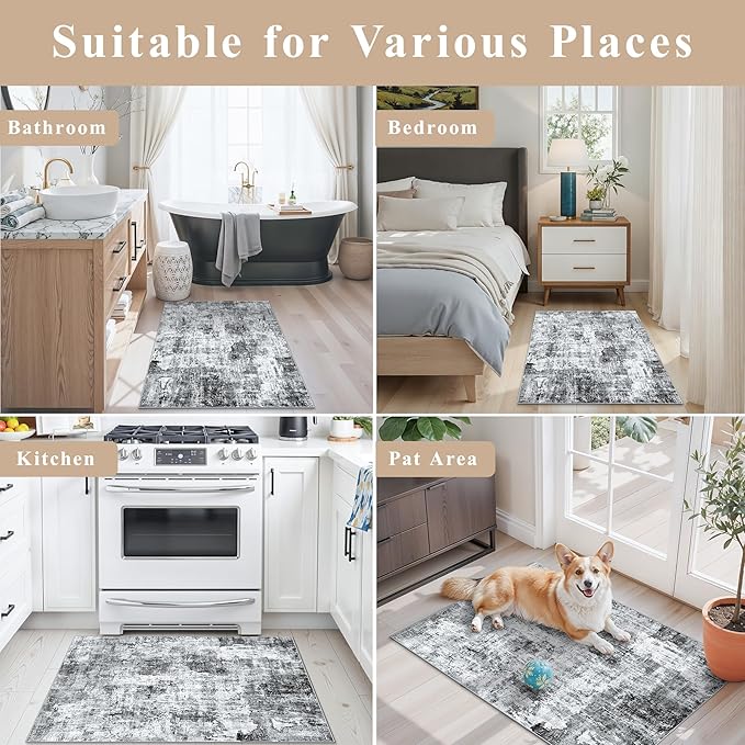 2x3 Washable Non-Slip Area Rug - Soft Low Pile Throw Rug for Kitchen Entryway Bedroom - Modern Indoor Door Mat with Rubber Backing (Grey, 2x3)