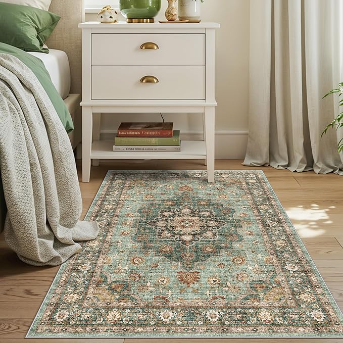 TOPRUUG Green Entryway 3x4 Rug - Washable Area Rugs for Kitchen Bathroom Non-Slip Ultra-Thin Indoor Door Mat Indoor Entrance - Stain Resistant Small Throw Carpet (Green, 3X4)