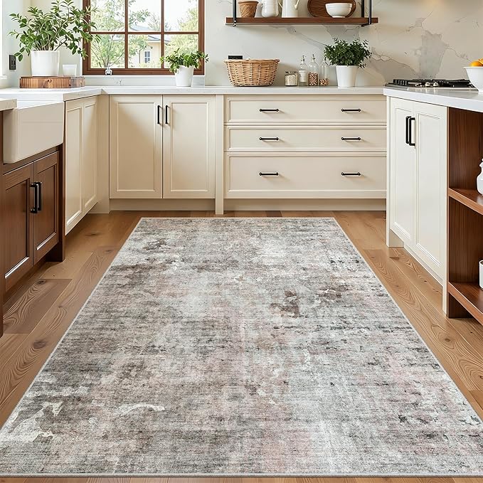 Soalmost 3x5 Rug, Abstract Small Area Rug for Kitchen, Entryway, Machine Washable Non-Slip Throw Rug, Vintage Carpet for Nursery Coffee Table Pink Grey