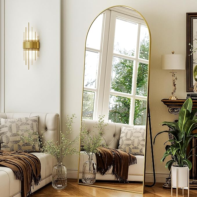 Arched Full Length Mirror 64"x21", Floor Standing Body Mirror with Aluminum Frame,Leaning Hanging for Bedroom Cloakroom Living Room Gold