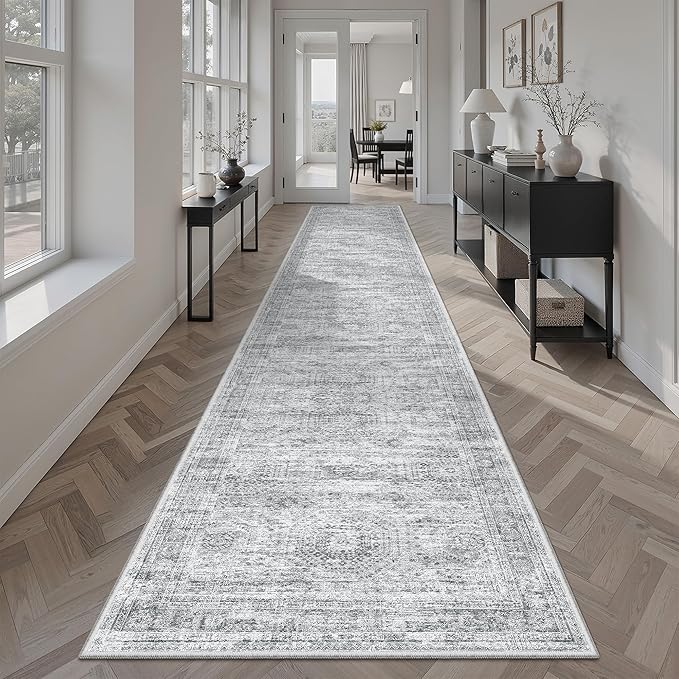 Soalmost Runner Rug 2x12 Washable Non-Slip Hallway Runner Rugs for Kitchen Bathroom Laundry Room Grey Vintage Floor Carpet Runners for Hallways Entryway