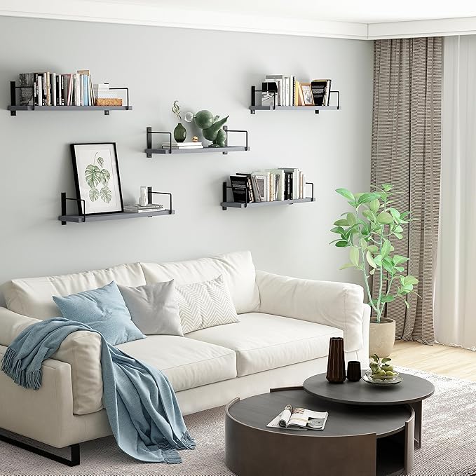 Floating Shelves - 24 Inch Wall Mounted Set of 3, Rustic Wood Storage Shelves for Living Room (Grey)