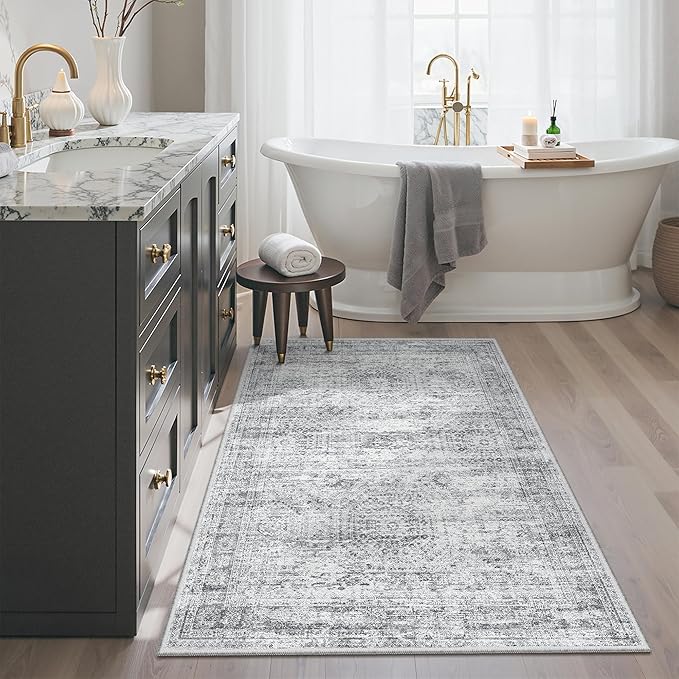Soalmost 3x4 Rug, Small Area Rug for Kitchen, Entryway, Machine Washable Non-Slip Throw Rug, Vintage Carpet for Nursery Coffee Table Grey