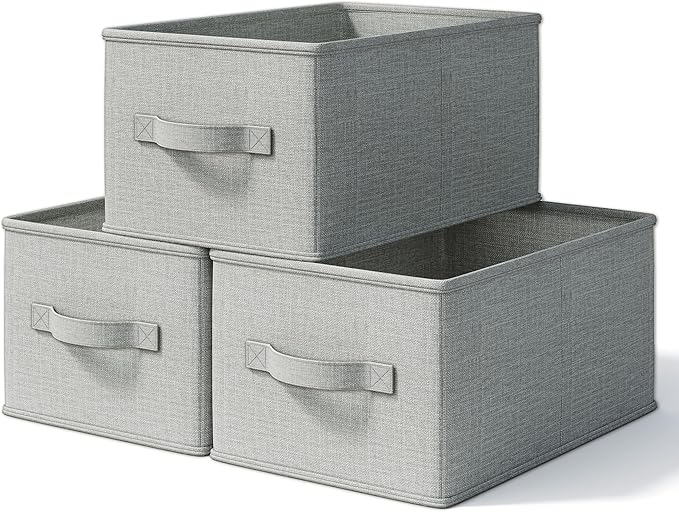 LayerSpace 3 Pack Fabric Storage Bins for Shelves | 14.75x10.25x8.25 in Storage Baskets | Fabric Closet Organizers with Handles Home Organization | Linen Clothes Storage Bins | Light Gray
