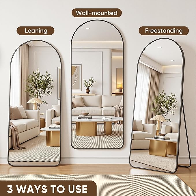 Antok Full Length Mirror, 58"x17" Floor Mirror with Stand, Hanging Mounted Mirrors for Bedroom, Living Room, Cloakroom, Dining Room, Black, Arch