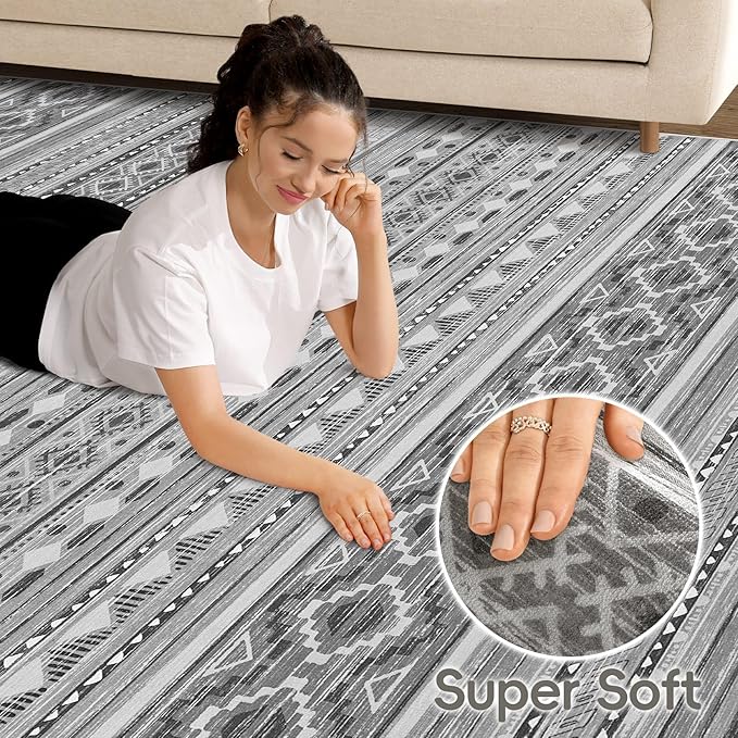 cotiled 5x7 Area Rug Living Room: Washable Boho Rugs with Non Slip Backing Large Soft Indoor Stain Resistant Carpet for Bedroom Farmhouse Dining Room Lightweight Home Decor Beige Grey