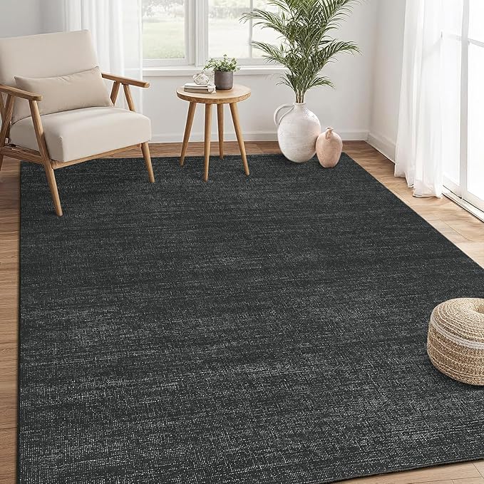 5x7 Washable Rugs Non Slip Minimalist Area Rug for Bedroom Soft Low Pile Solid Color Large Bedroom Throw Carpet Stain Resistant Classic Neutral Area Rug Plain Boho Rugs for Kitchen Nursery, Black