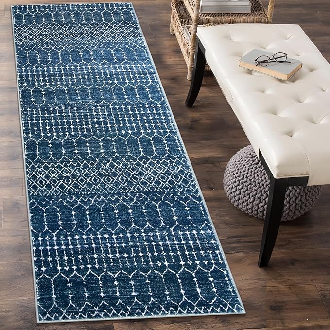 Lahome Moroccan Washable Kitchen Runner 2x8 Carpet Runners for Hallway 8Ft Low-Profile Non-Slip, Indoor Geometric Print Distressed Rug for Entryway Laundry Room Foyer Hana, Blue
